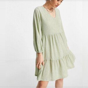 Mango Sage Green Mini Tiered V-Neck Smock Dress